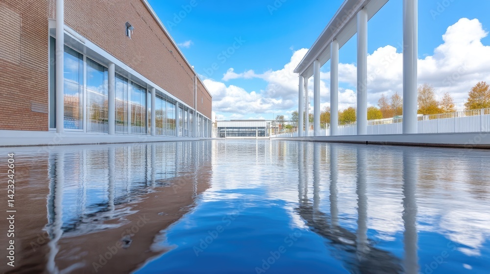 Fototapeta premium Modern architectural complex reflects sky in tranquil water