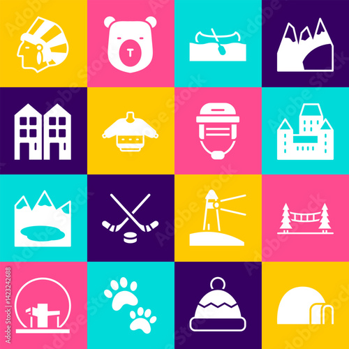 Set Igloo ice house, Capilano Suspension Bridge, Chateau Frontenac hotel, Kayak or canoe, Christmas sweater, House, Native American Indian and Hockey helmet icon. Vector