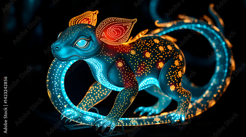 Fototapeta premium A glowing mystical creature with golden markings translucent wings and luminous features stands gracefully in a dark enchanted forest evoking fantasy wonder and magical presence ai.