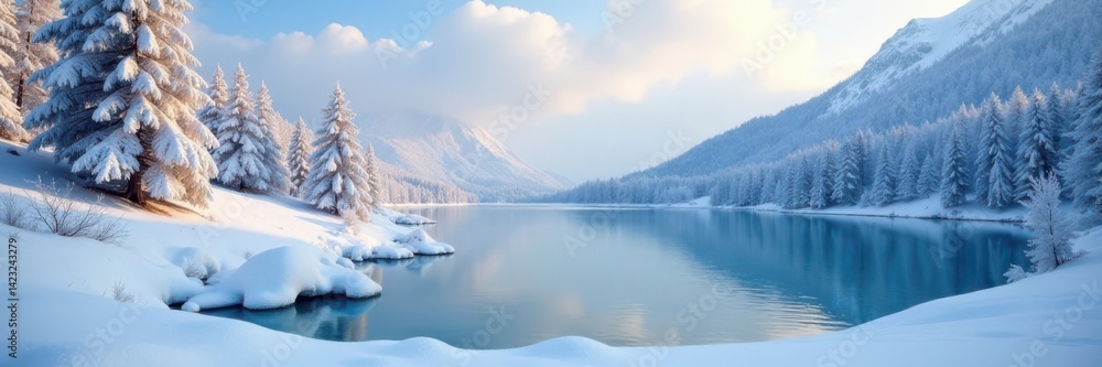 Snowy landscape with frozen lake and snow-capped trees , winter, serene landscape Snowy landscape with frozen lake and snow-capped trees , winter, serene landscape