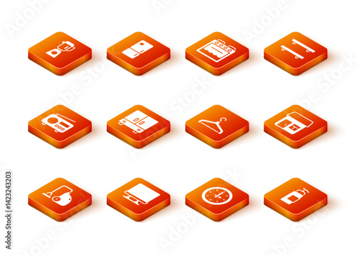 Set Vacuum cleaner, Smart Tv, Radio, Wardrobe, Clock, Hanger wardrobe, Antibacterial soap and House icon. Vector