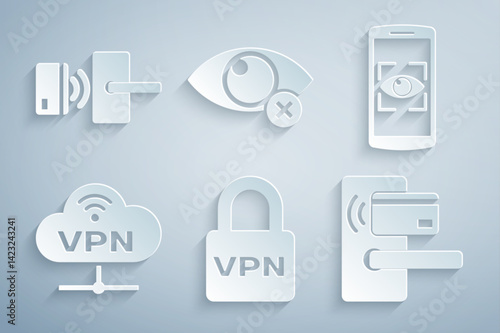 Set Lock VPN, Mobile and eye scan, Network cloud connection, Digital door lock with wireless, Invisible hide and icon. Vector