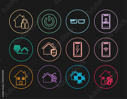 Set line House temperature, Mobile with wi-fi wireless, Smart glasses, under protection, solar panel, charging battery and Power button icon. Vector