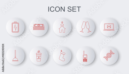 Set line DNA symbol, Rubber plunger, Church building, Walkie talkie, Battery, Stacks paper money cash, Coffee cup and Christmas sock icon. Vector