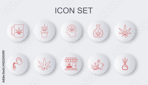 Set line Test tube with marijuana, Watering can, Head profile, Cup tea, Marijuana plant pot, or cannabis leaf and and store icon. Vector