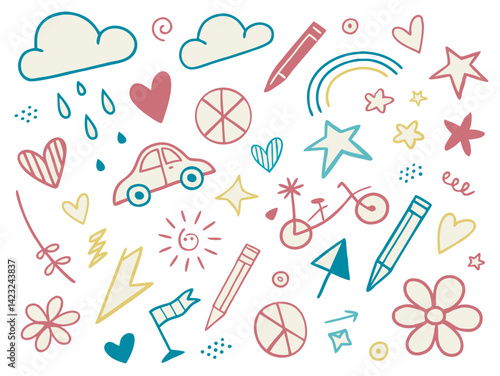 Colorful Hand-Drawn Doodle Icons Set – Fun Sketch Elements for Kids & Creativity