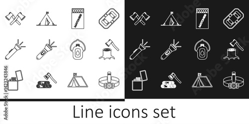 Set line Head flashlight, Wooden axe in stump, Open matchbox and matches, Flashlight, Crossed wooden, Canteen water bottle and Tourist tent with flag icon. Vector