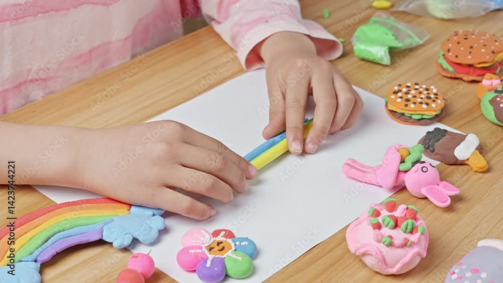 child's hands playing with colorful plasticine on blue background. child's hands playing with colorful plasticine on blue background.