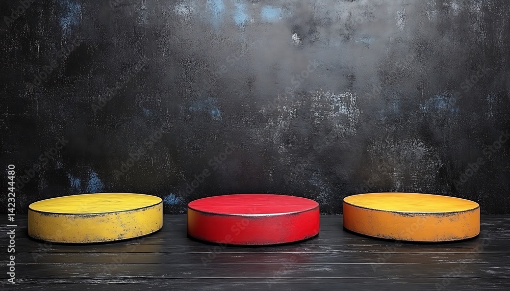 Three colored podiums on dark backdrop
