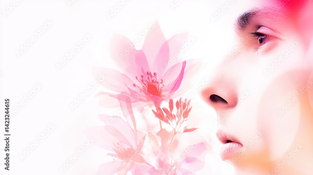 Profile of a person softly illuminated against a floral background, conveying tranquility and beauty Profile of a person softly illuminated against a floral background, conveying tranquility and beauty