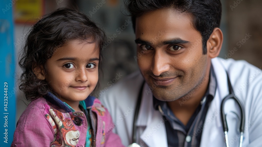 Smiling doctor and young girl posing together in a healthcare setting during daylight hours Smiling doctor and young girl posing together in a healthcare setting during daylight hours