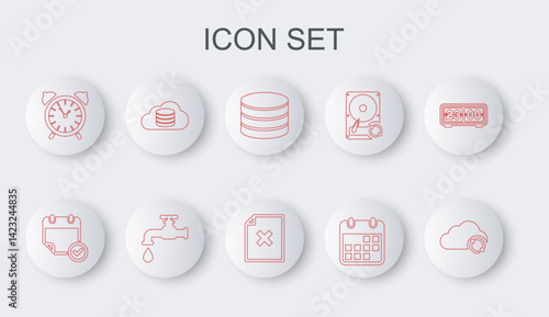 Set line Cloud sync refresh, Calendar with check mark, Database, Alarm clock, database, Water tap and Delete file document icon. Vector