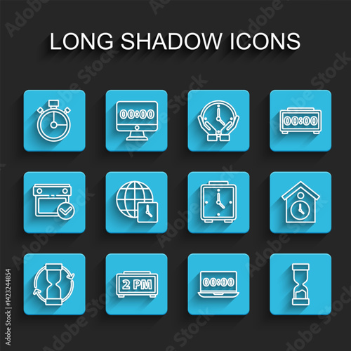 Set line Old hourglass, Digital alarm clock, Stopwatch, Clock on laptop, World time, Retro wall and Alarm icon. Vector
