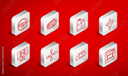 Set line Canister for motor oil, Car headlight, Funnel and drop, mirror, Steering wheel, Wheel wrench and Diagnostics condition of car icon. Vector