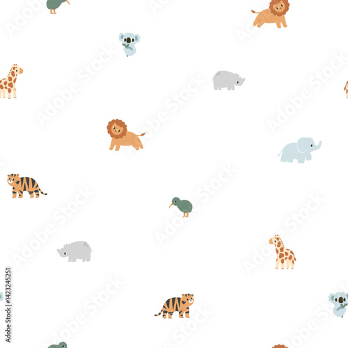 Seamless pattern with cute safari animals elephant, koala, kiwi bird, lion, rhinoceros, tiger, and giraffe. Small wallpapers, hand-drawn vector illustrations for children