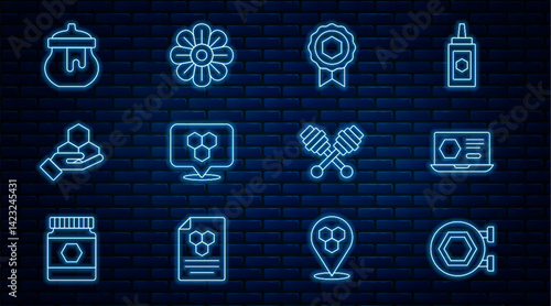 Set line Hanging sign with honeycomb, Honey online service, medal, Honeycomb bee location, and hand, Jar of, dipper stick and Flower icon. Vector