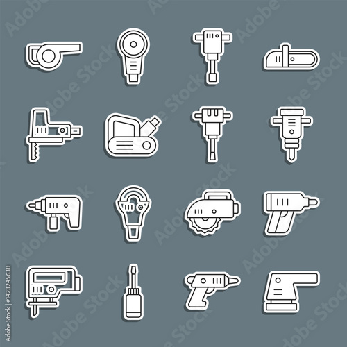 Set line Electric sander, cordless screwdriver, Construction jackhammer, planer tool, jigsaw, Leaf garden blower and icon. Vector