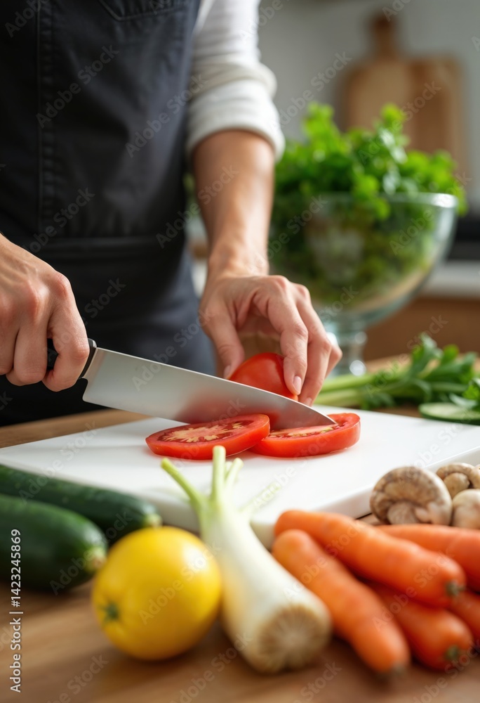 A person slicing a ripe tomato on a white cutting board surrounded by fresh vegetables in a cozy home kitchen A person slicing a ripe tomato on a white cutting board surrounded by fresh vegetables in a cozy home kitchen