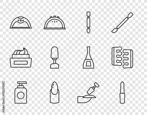 Set line Tube of hand cream, Nail file, Cuticle pusher, manicure, Manicure lamp, Milling cutter for, and Toe separator pedicure icon. Vector