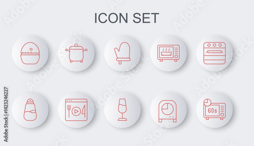 Set line Microwave oven, Salt, Oven glove, Kitchen timer, Cooking pot, live streaming and Wine glass icon. Vector