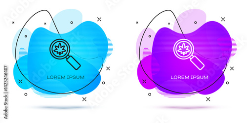 Line Magnifying glass and medical marijuana or cannabis leaf icon isolated on white background. Hemp symbol. Abstract banner with liquid shapes. Vector Illustration