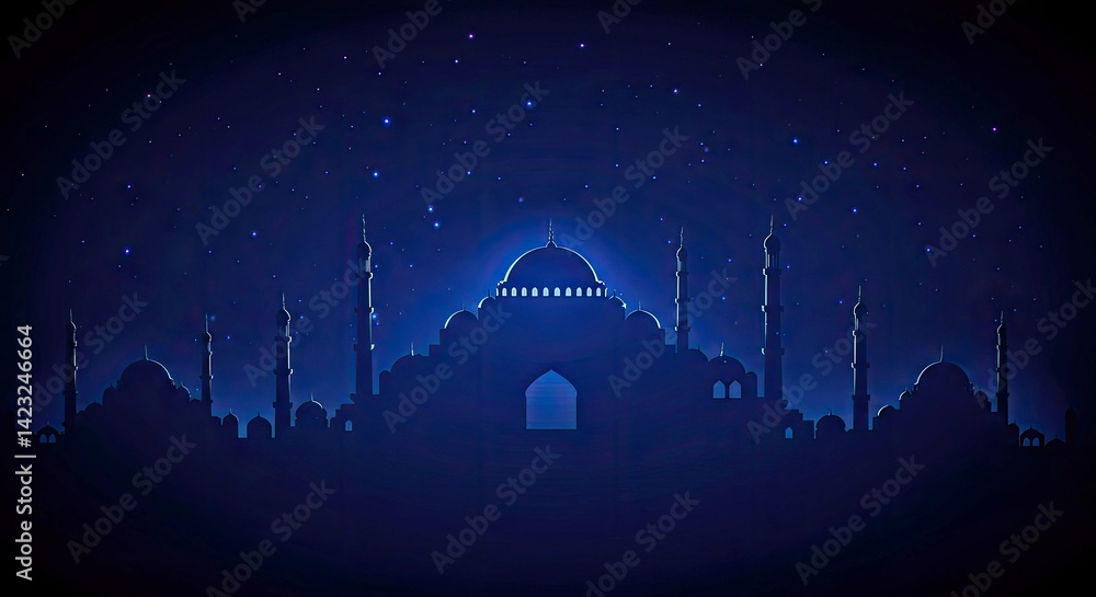Fototapeta premium Serene Night Sky Islamic Background Glowing Mosque Silhouettes Stars