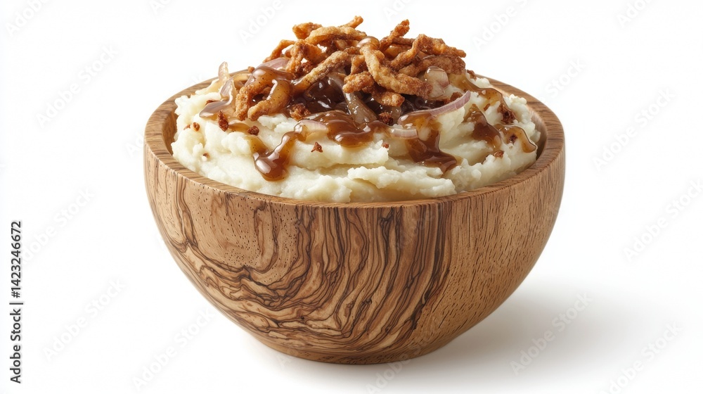 Creamy mashed potatoes topped with gravy and crispy onions in a wooden bowl Creamy mashed potatoes topped with gravy and crispy onions in a wooden bowl
