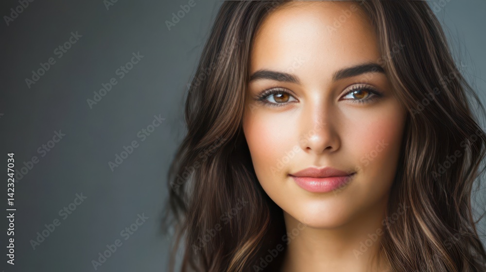 Young woman with natural beauty posing against a neutral background showcasing her healthy skin and expressive eyes Young woman with natural beauty posing against a neutral background showcasing her healthy skin and expressive eyes