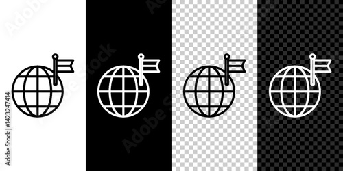 Set line Planet with flag icon isolated on black and white, transparent background. Victory, winning and conquer adversity concept. Vector