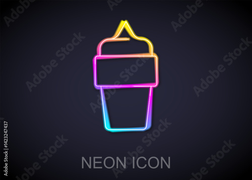Glowing neon line Ice cream in waffle cone icon isolated on black background. Sweet symbol. Vector