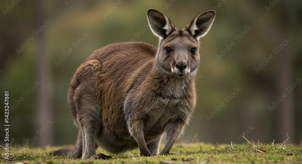 Fototapeta premium Standing Kangaroo on Green Grass with Forest Background