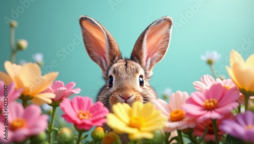 Whiskered bunny ears peeking over colorful flowers , Flowers, Pastel Colors