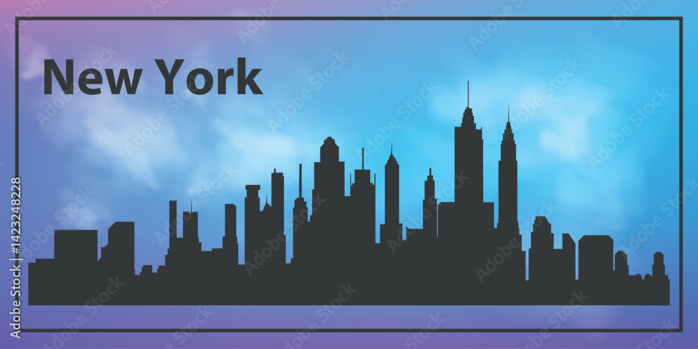Obraz premium Silhouette of the New York skyline, USA. The view of the city skyline is set against a blue sky with a purple gradient, which creates an atmosphere of calm and evening comfort.