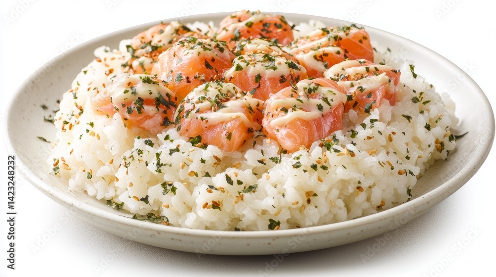 Fresh salmon sushi rolls served over a bed of seasoned rice with herbs on a white plate Fresh salmon sushi rolls served over a bed of seasoned rice with herbs on a white plate