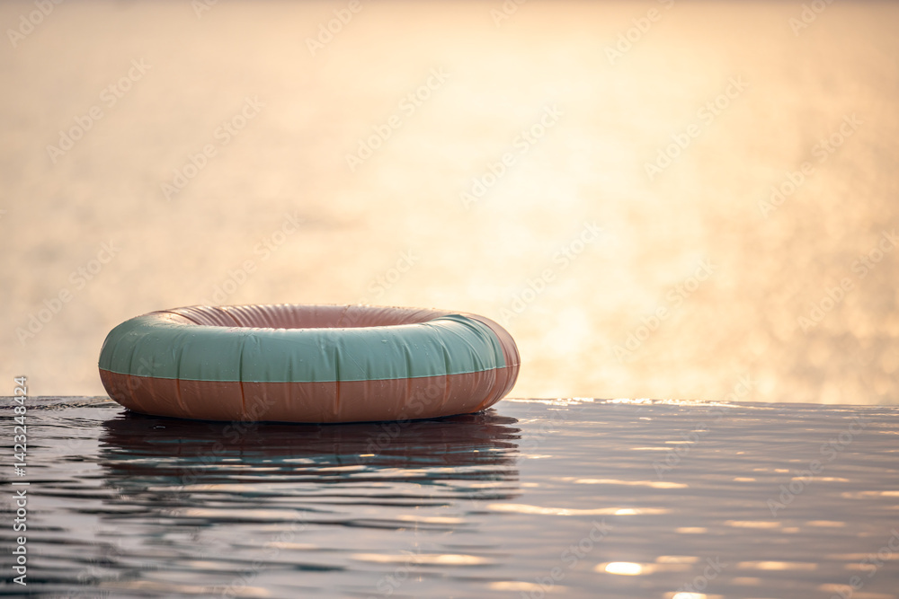 Inflatable circle floats on the pool at sunset, Surround tropical decor and greenery palm tree, Relaxing summer holiday, Inflatable ring float on water sunset view, Summer background vacation leisure.