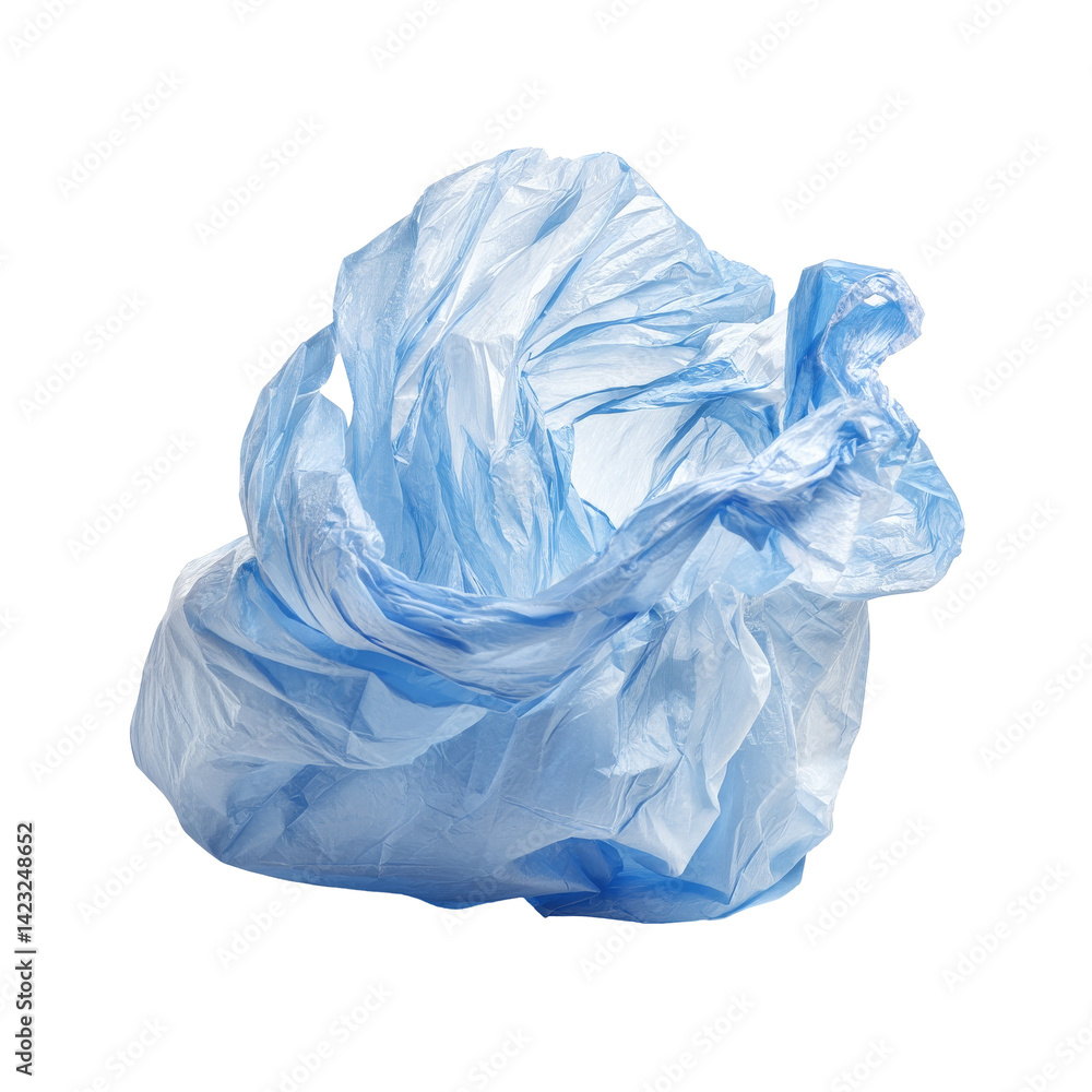 Fototapeta premium Crumbled blue plastic bag on white background. transparent background