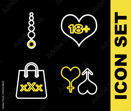 Set line 18 plus content heart, Male and female, Shopping bag with triple X and Anal beads icon. Vector