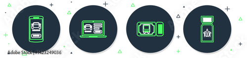 Set line Online car sharing, Bus ticket, and Airline icon. Vector