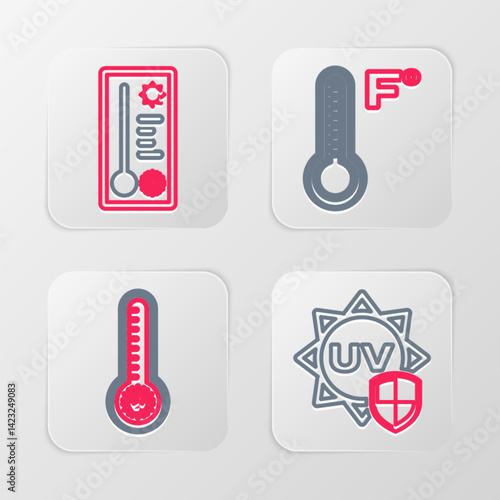 Set line UV protection, Meteorology thermometer, and icon. Vector