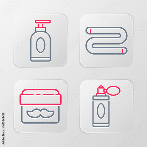 Set line Aftershave bottle with atomizer, Cream or lotion cosmetic jar, Towel and tube icon. Vector