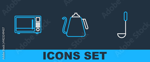 Set line Kitchen ladle, Microwave oven and Kettle with handle icon. Vector