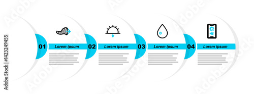 Set line Weather forecast, Water drop, Sunset and Cone meteorology windsock wind vane icon. Vector