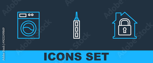 Set line House under protection, Washer and Skyscraper icon. Vector