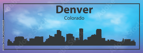 Black silhouette of the Denver, Colorado city skyline against a realistic blue sky with white clouds