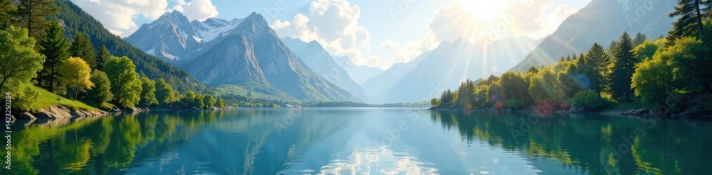 Sunny landscape with mountains and trees behind a serene lake, mountains, landscape Sunny landscape with mountains and trees behind a serene lake, mountains, landscape