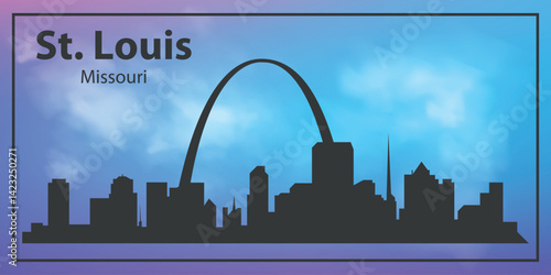 Black silhouette of the St. Louis, Missouri, city skyline against a realistic blue sky with white clouds