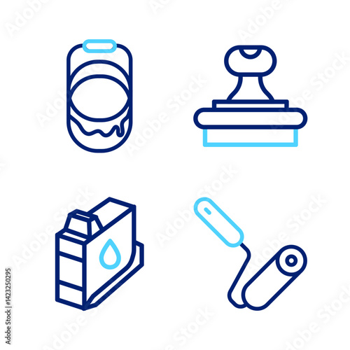 Set line Paint roller brush, Printer ink cartridge, Stamp and bucket icon. Vector