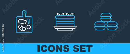 Set line Macaron cookie, Cutting board and Cake icon. Vector