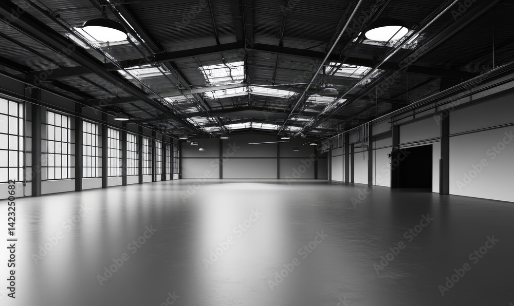 A large, empty warehouse with an industrial-style roof and concrete floor. The space is clean, with white walls and gray floors. A large, empty warehouse with an industrial-style roof and concrete floor. The space is clean, with white walls and gray floors.