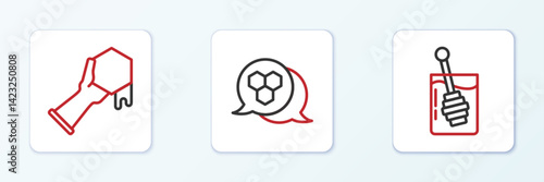 Set line Honey dipper stick, Honeycomb and hand and icon. Vector